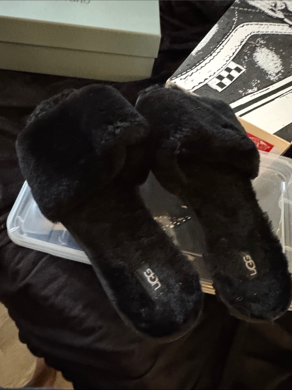 UGG Women's Black Plush Cross-Band Slide Slippers